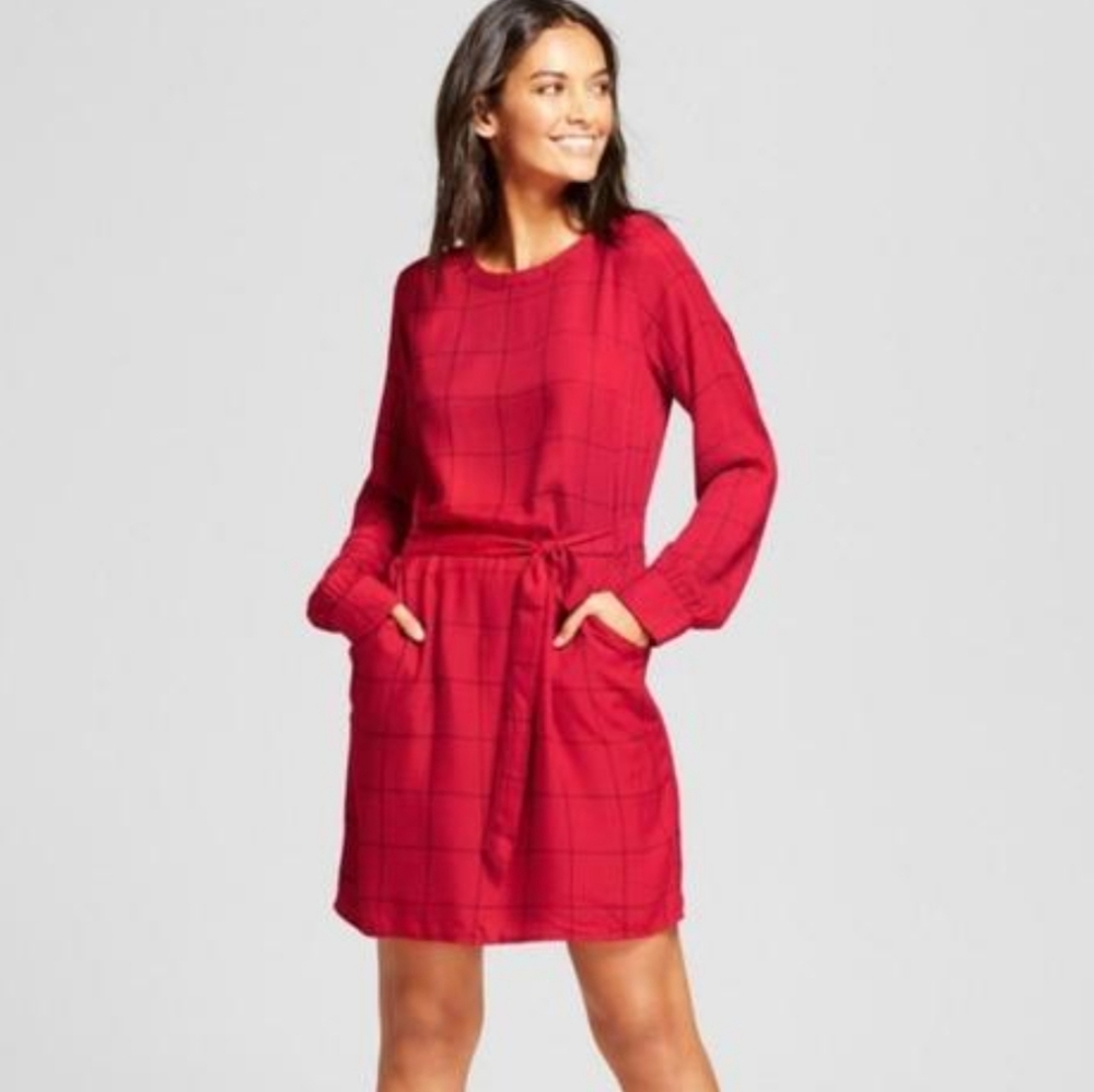 A New Day L Longsleve Plaid Pocket  Dress
